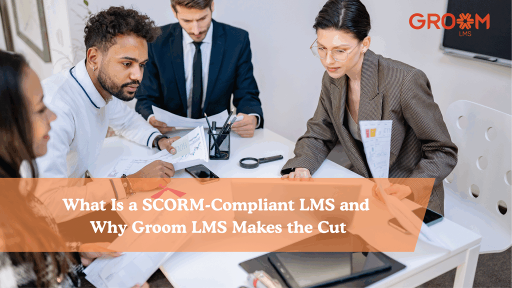 Business professionals collaborating during a team meeting while reviewing reports and discussing learning management strategies for a SCORM-compliant LMS using GroomLMS.