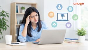 Employee struggling with an eLearning course on a laptop