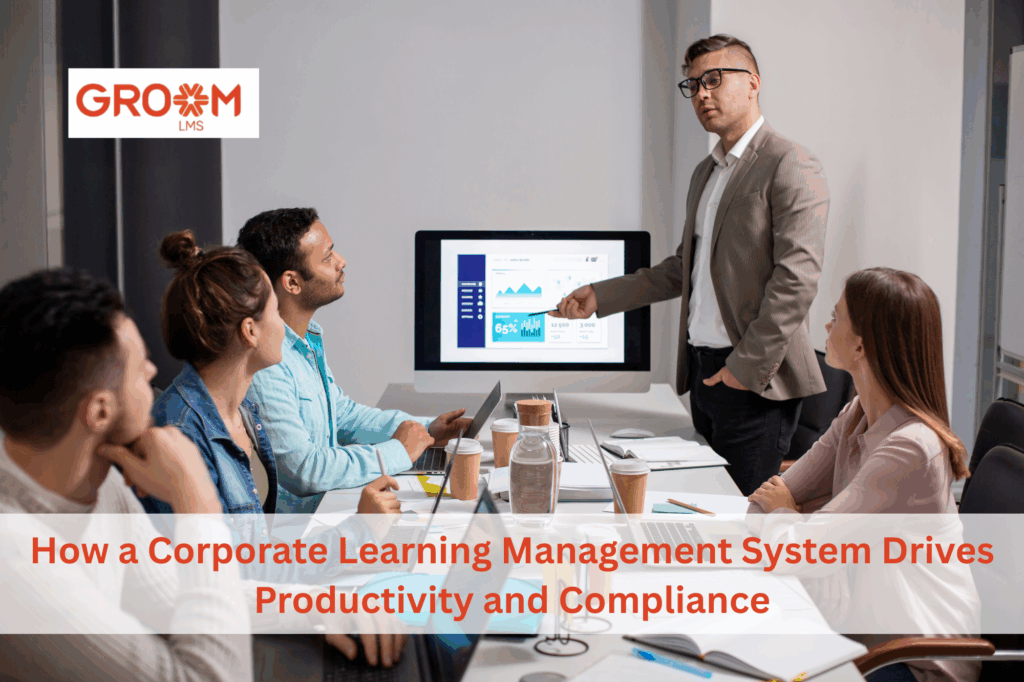 Corporate Learning Management System dashboard showing employee training, productivity tracking, and compliance management.