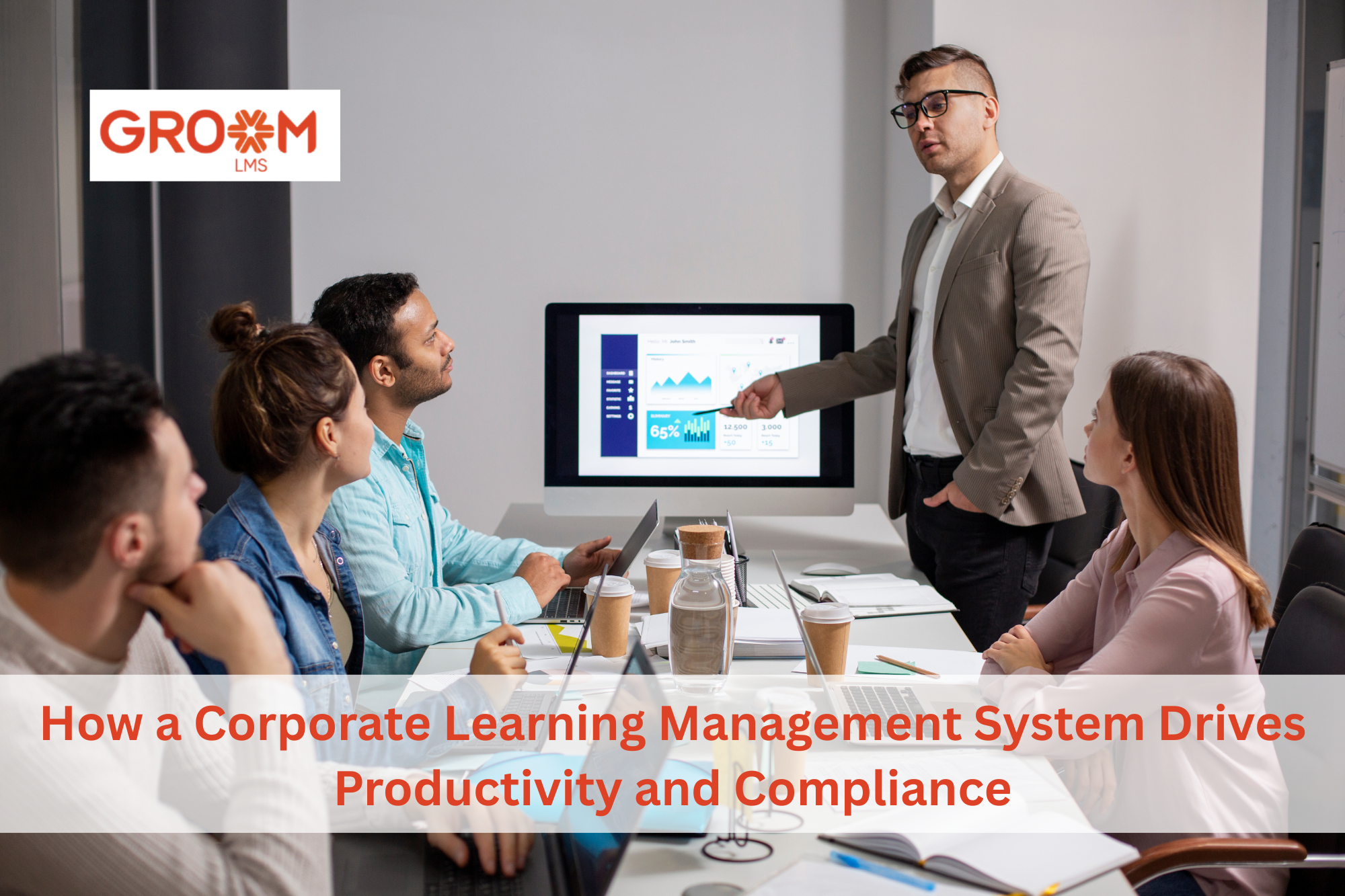 Corporate Learning Management System dashboard showing employee training, productivity tracking, and compliance management.