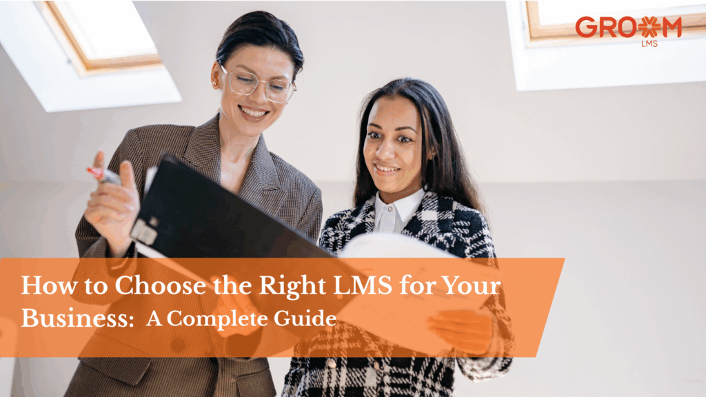 Two business professionals reviewing documents while evaluating learning management system options for employee training and development.