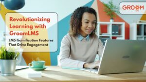 Professional learning environment featuring a learner using GroomLMS on a laptop, highlighting LMS gamification features that enhance engagement and online training experiences.