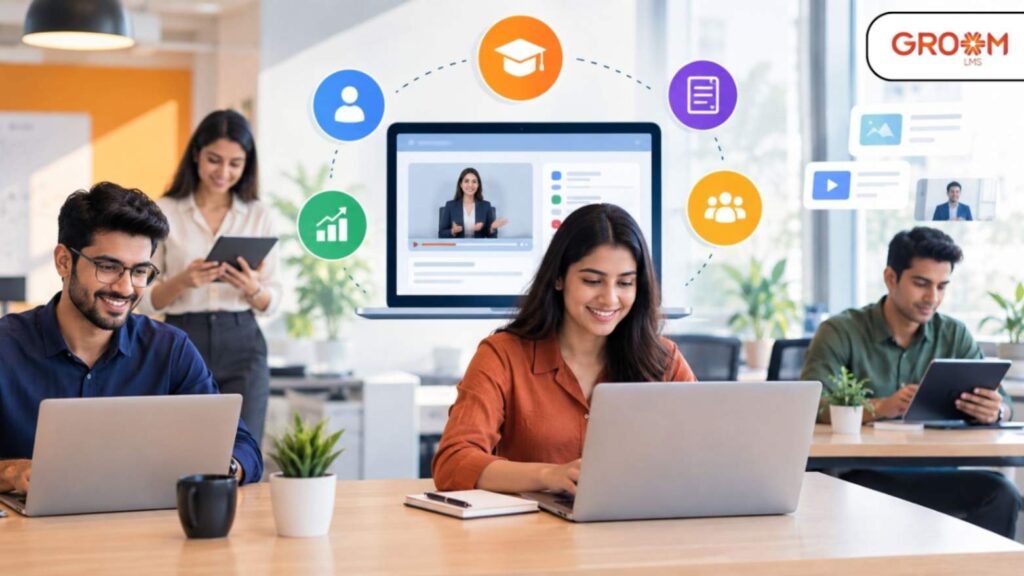 Corporate employees using an enterprise LMS for digital workplace training