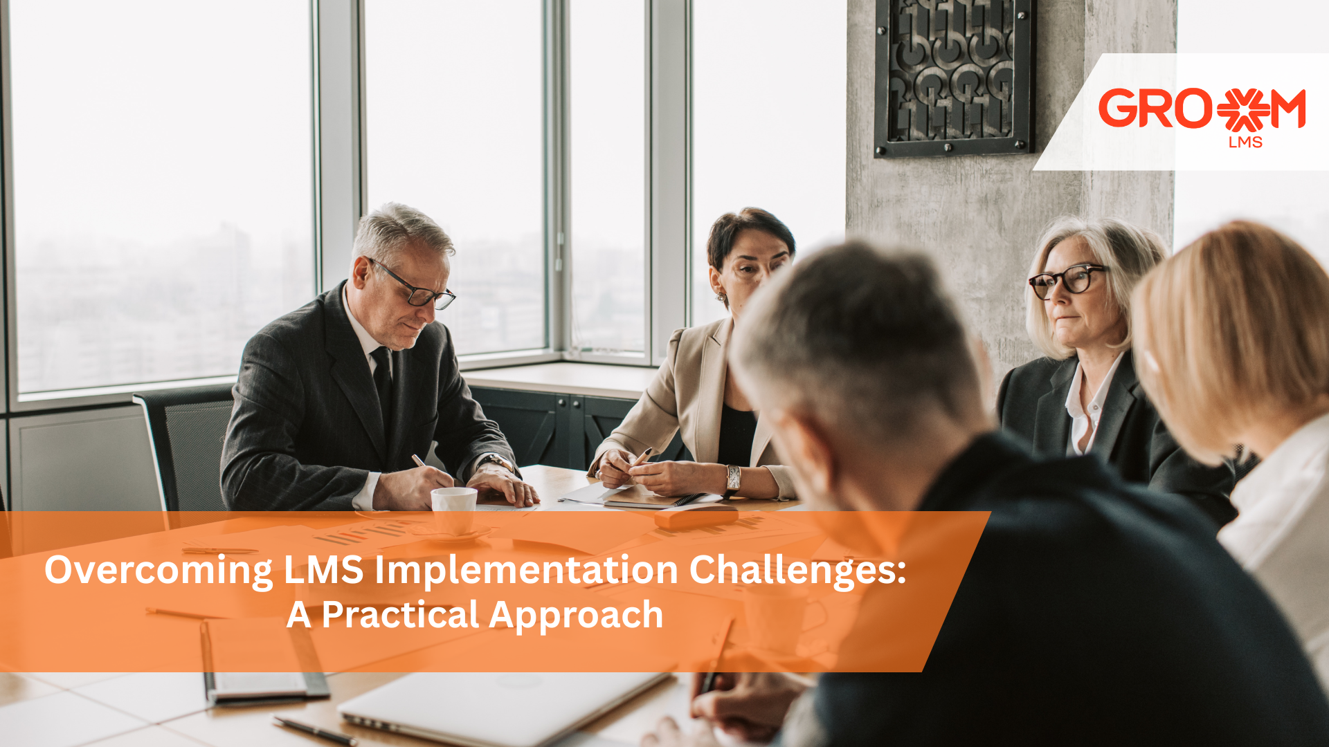 Business team discussing LMS implementation challenges and digital learning solutions in a corporate meeting