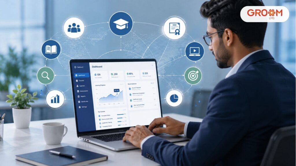 Employee using an LMS dashboard in a corporate office