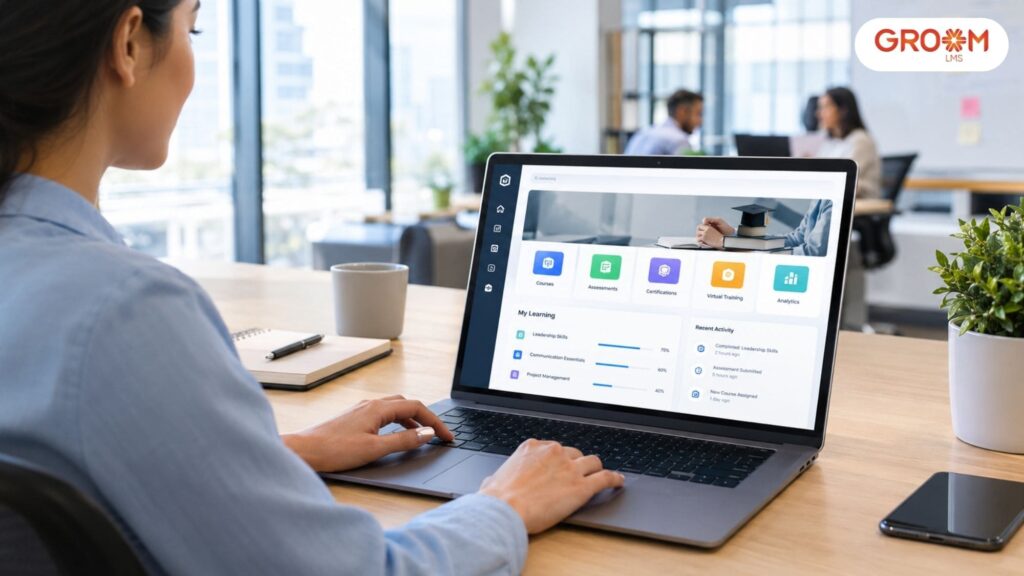 Employee using an enterprise LMS dashboard for online training