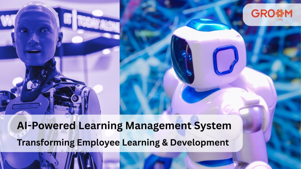 Humanoid robots representing artificial intelligence in learning technology, illustrating an AI-powered learning management system for employee training and development.
