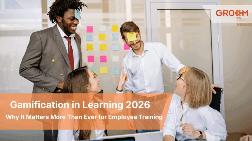 Employees participating in a fun workplace gamification activity during a training session, using sticky notes and interactive challenges to encourage engagement, collaboration, and learning. GroomLMS branding displayed in the top corner.