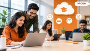 Employees participating in cloud-based corporate training using a digital learning platform