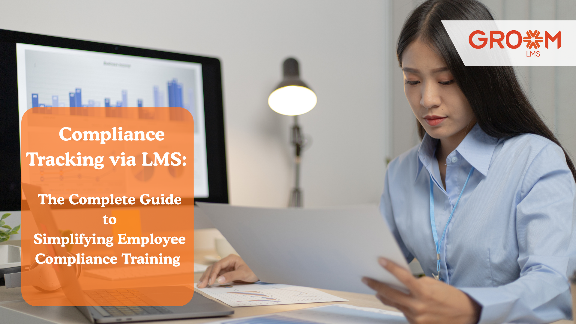 Compliance tracking via LMS dashboard showing employee training progress, certification management, audit-ready reports, and automated compliance workflows in GroomLMS.