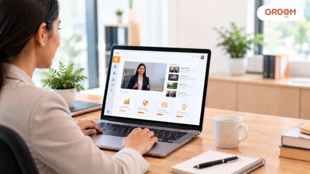Professional employee using an e-learning platform on a laptop in a modern office workspace.