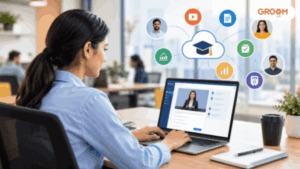 Employee using a SaaS-based LMS for online corporate training in a modern workplace