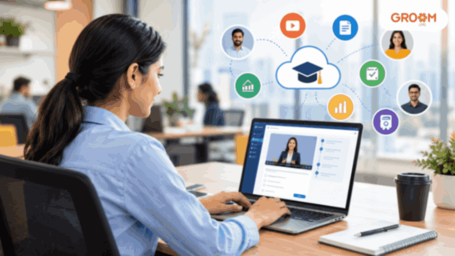 Employee using a SaaS-based LMS for online corporate training in a modern workplace
