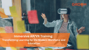 A learner wearing a virtual reality (VR) headset during an immersive AR/VR training session, illustrating modern workforce learning and education with GroomLMS.
