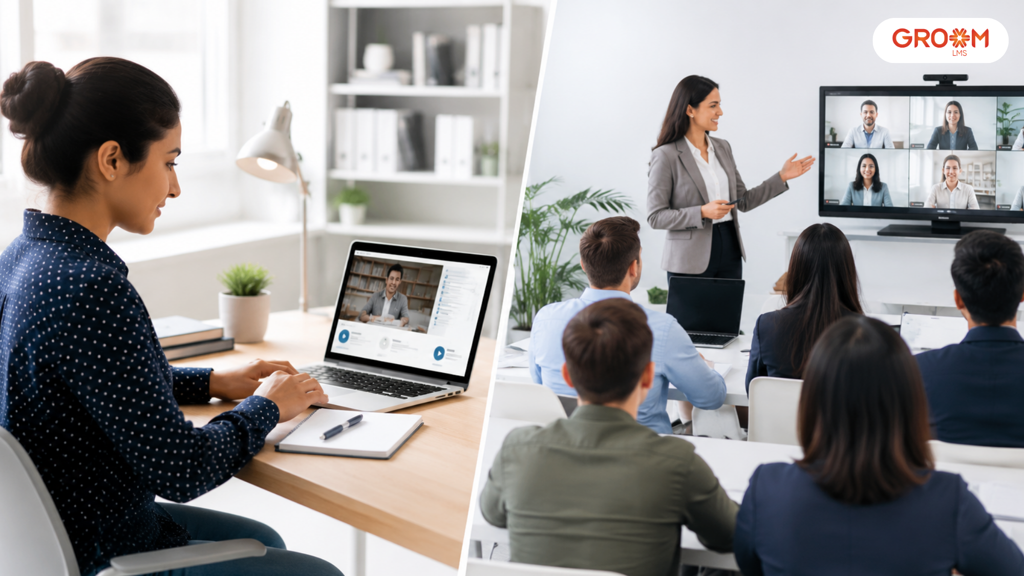 Employee using an online learning platform while a trainer conducts a virtual corporate training session.