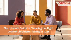 Professionals discussing corporate training strategies with the GroomLMS platform, representing modern LMS solutions for employee learning and development in 2026.