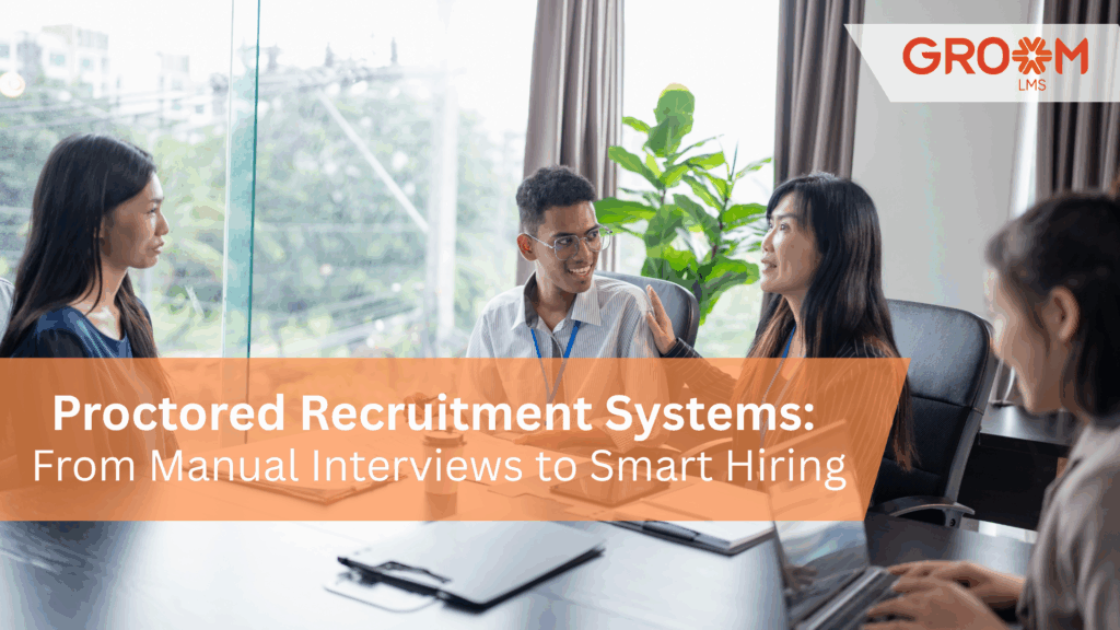 HR professionals conducting a smart hiring interview using proctored recruitment systems for secure candidate assessment with GroomLMS.