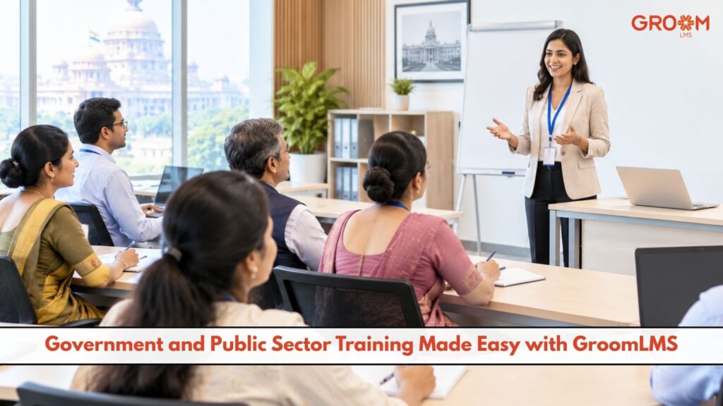 Government training session using GroomLMS in a professional setting.