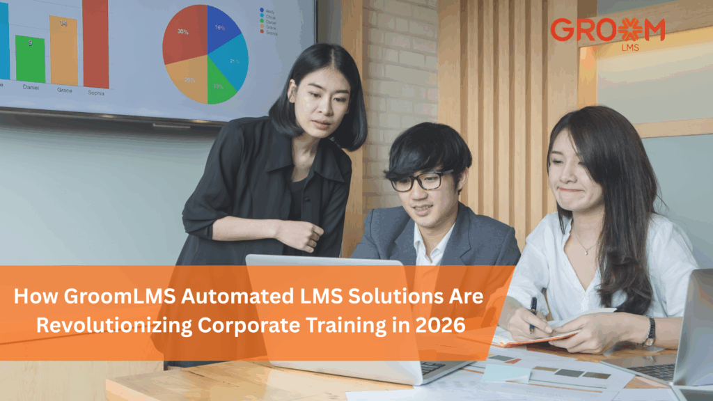 Training professionals collaborating around a laptop while reviewing learning analytics, illustrating how GroomLMS automates corporate training with real-time reporting and LMS automation.