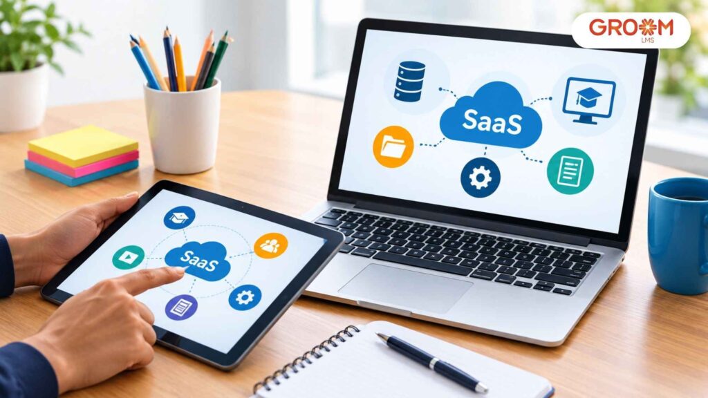 Laptop and tablet displaying SaaS-based learning technology in a professional workspace.