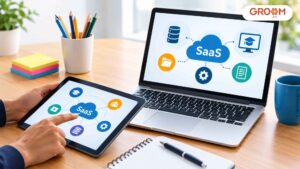 Laptop and tablet displaying SaaS-based learning technology in a professional workspace.