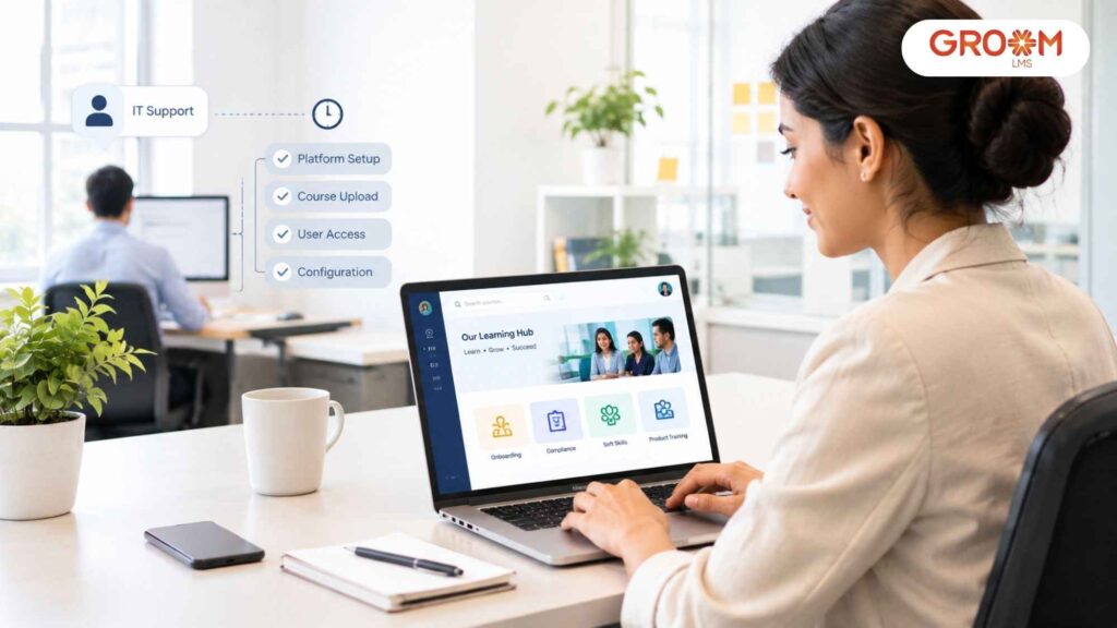 L&D professional managing a white-label LMS on a laptop with minimal IT dependency.