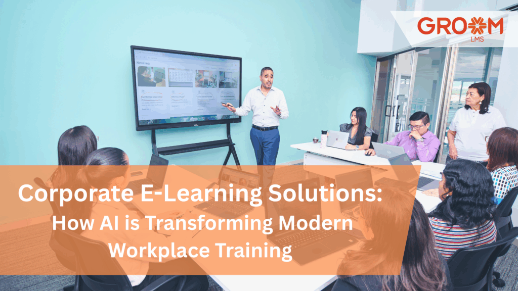 Corporate team attending an AI-powered workplace training session using corporate e-learning solutions and corporate digital learning solutions in a modern conference room.