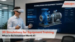 Corporate employee using a VR headset to interact with a 3D equipment training simulation displayed on a large digital screen in a modern office meeting room.