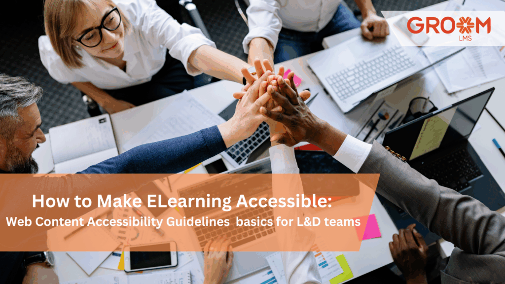 Diverse corporate team collaborating around a meeting table, symbolizing inclusive workplace learning and accessible eLearning guided by WCAG best practices.