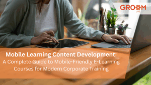 Employee accessing mobile-friendly e-learning courses on a smartphone through GroomLMS for flexible corporate training.