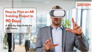 Business professional using a virtual reality headset during an AR training project demonstration in a modern office environment.