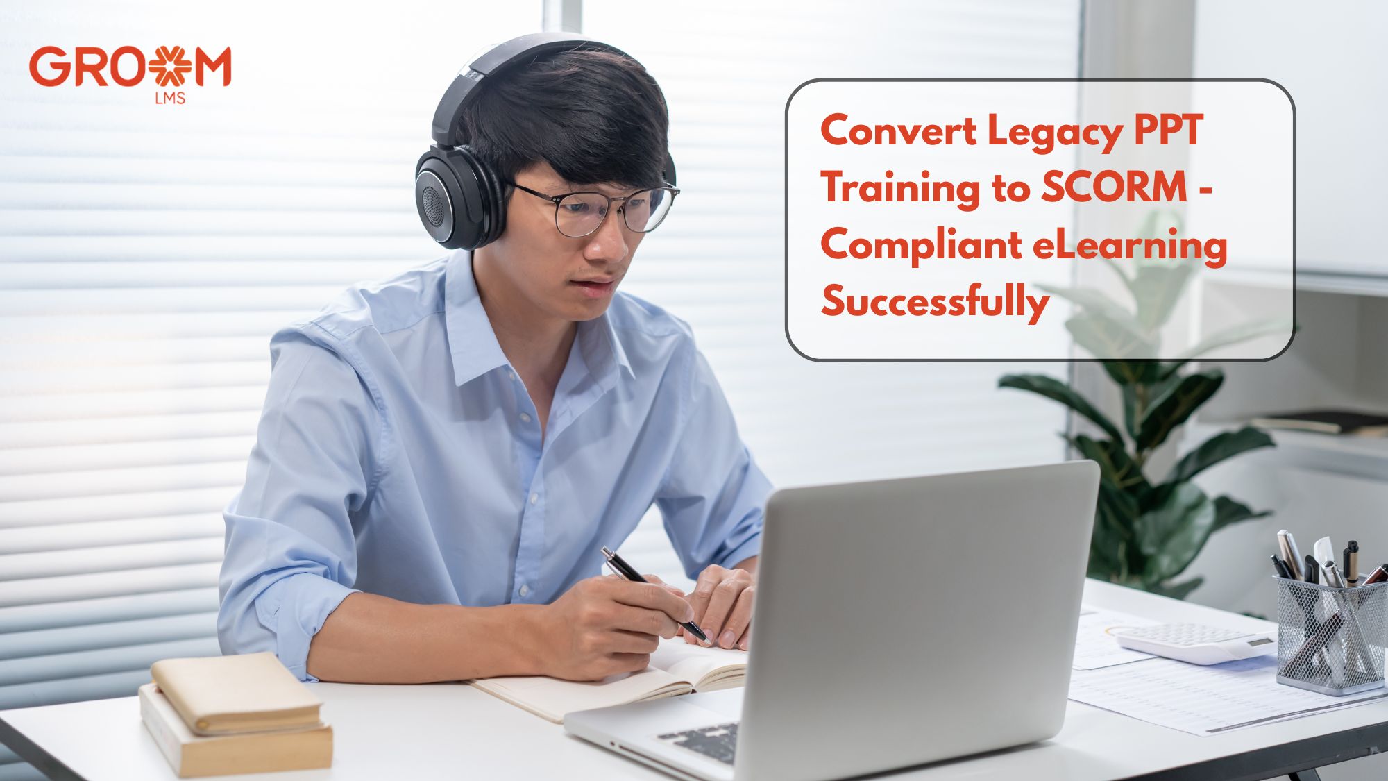 Professional learner converting PowerPoint training content into SCORM-compliant eLearning on a laptop.