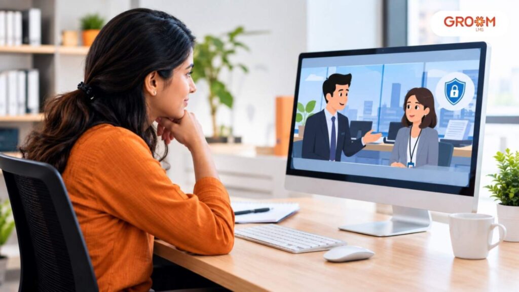 Employee watching an animated workplace compliance training scenario on a computer in a modern office.