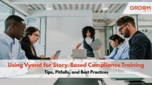 Team members collaborating in a modern office during a compliance training discussion, illustrating the use of Vyond for story-based compliance learning.