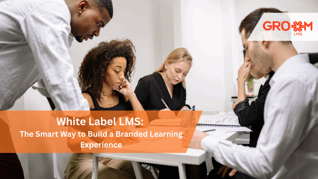Professional team collaborating in a meeting, representing a White Label LMS solution for creating branded learning experiences and scalable corporate training programs.