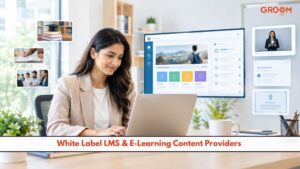 Professional woman using an LMS platform for e-learning and digital training.