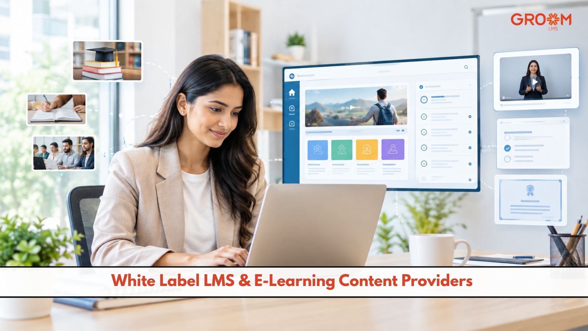 Professional woman using an LMS platform for e-learning and digital training.