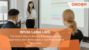 Business trainer presenting a branded White Label LMS solution for corporate training with White-label e-learning content providers in a modern classroom.