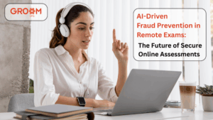 Professional taking an online exam on a laptop representing AI-driven fraud prevention in remote exams and secure online assessments.