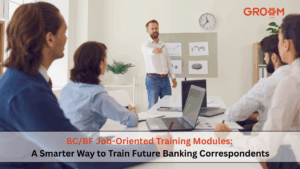 Corporate trainer conducting a BC/BF job-oriented training session for future banking correspondents using GroomLMS.