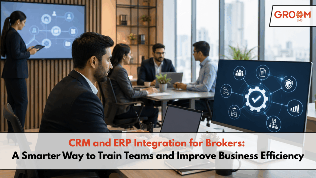 CRM and ERP integration dashboard displayed during a corporate team training session using GroomLMS.