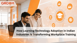 Professionals using a digital learning platform to manage workplace training in a modern office.
