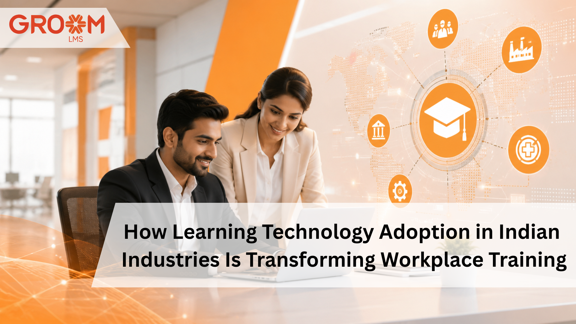 Professionals using a digital learning platform to manage workplace training in a modern office.