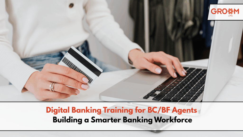 Person using a laptop and bank card to represent digital banking training for BC/BF agents.