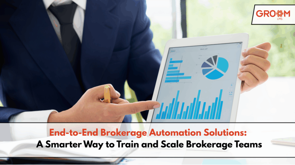 Business professional presenting brokerage performance analytics on a tablet, representing end-to-end brokerage automation solutions.