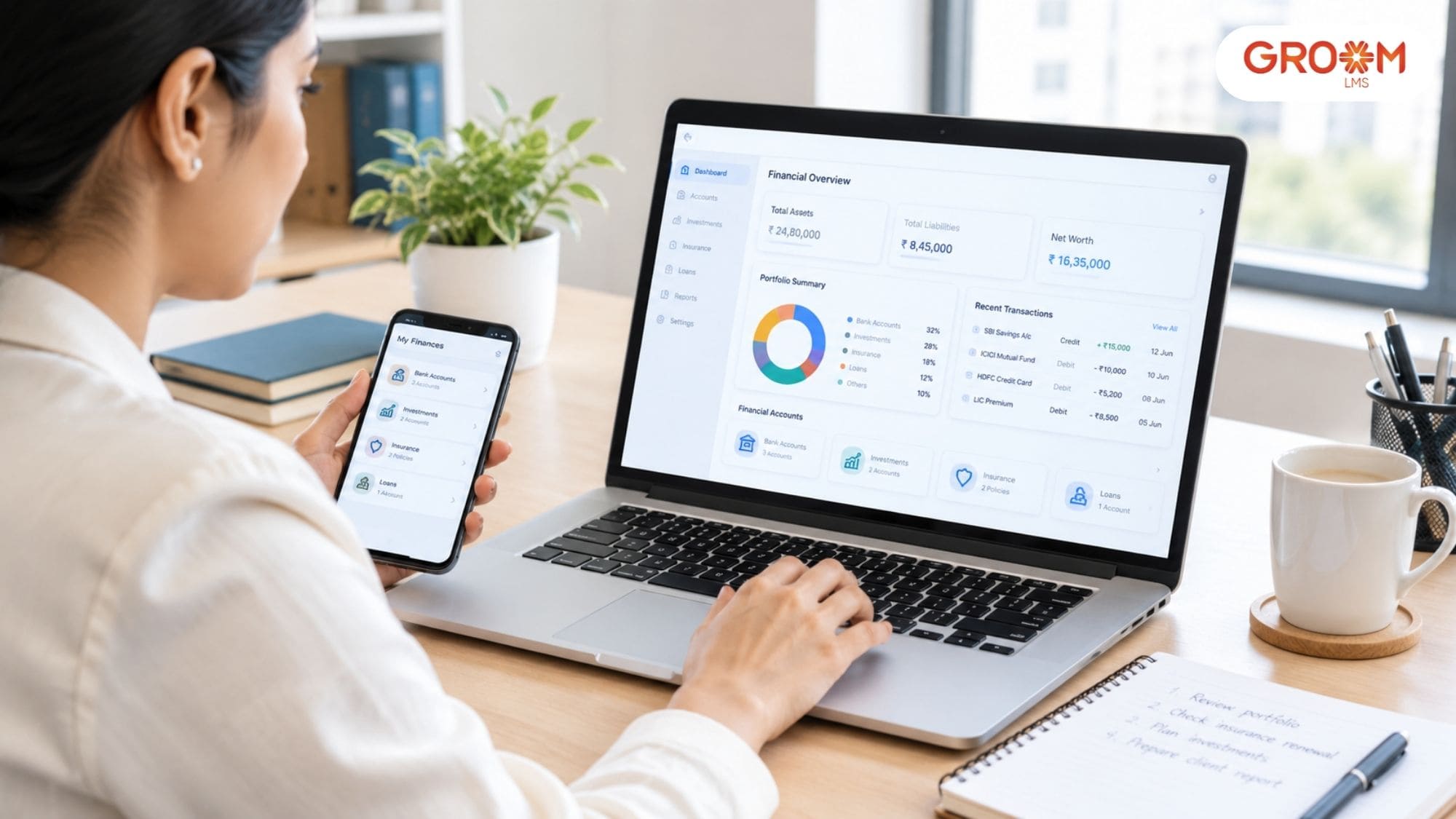 Financial aggregation software dashboard showing investments, insurance, loans, and financial accounts.