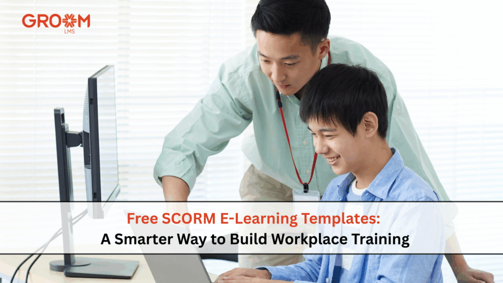 Two professionals collaborating on a computer while creating workplace training with free SCORM e-learning templates.