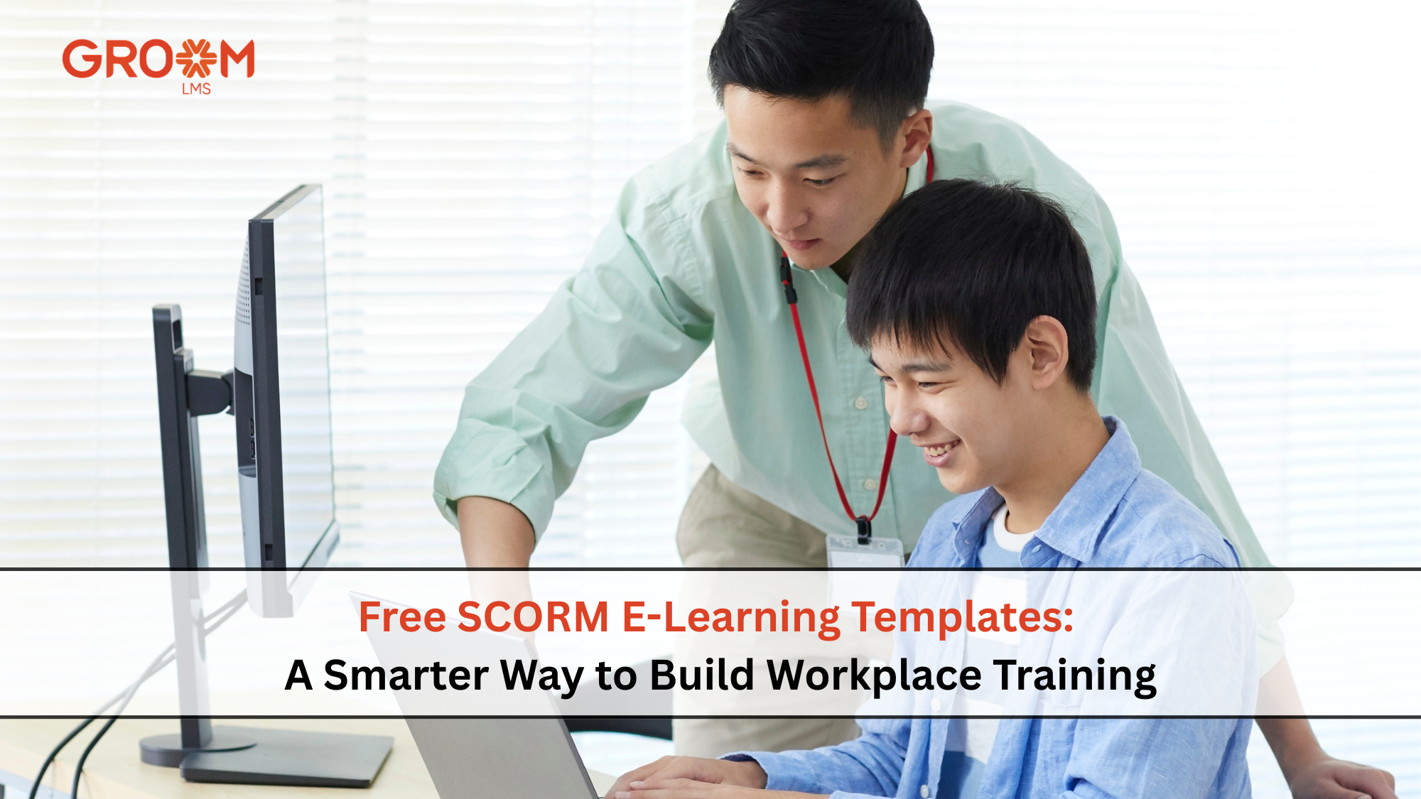 Two professionals collaborating on a computer while creating workplace training with free SCORM e-learning templates.