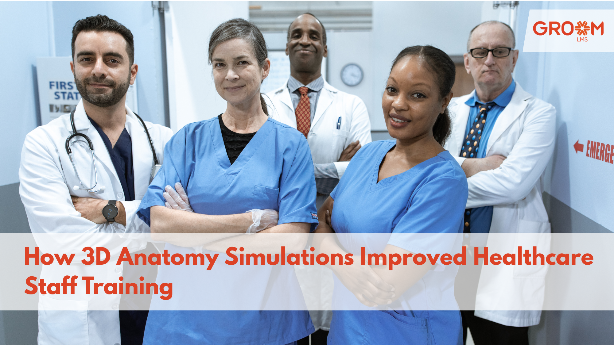 Healthcare professionals standing together for training on 3D anatomy simulations.