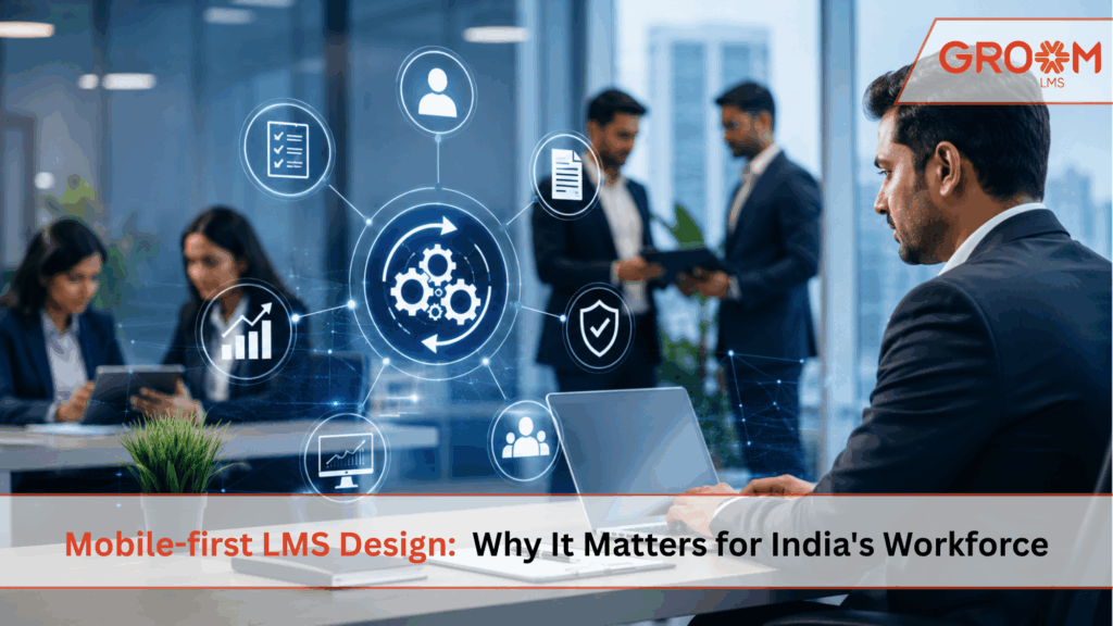 Professional using a mobile-first LMS platform for employee training in a modern office.